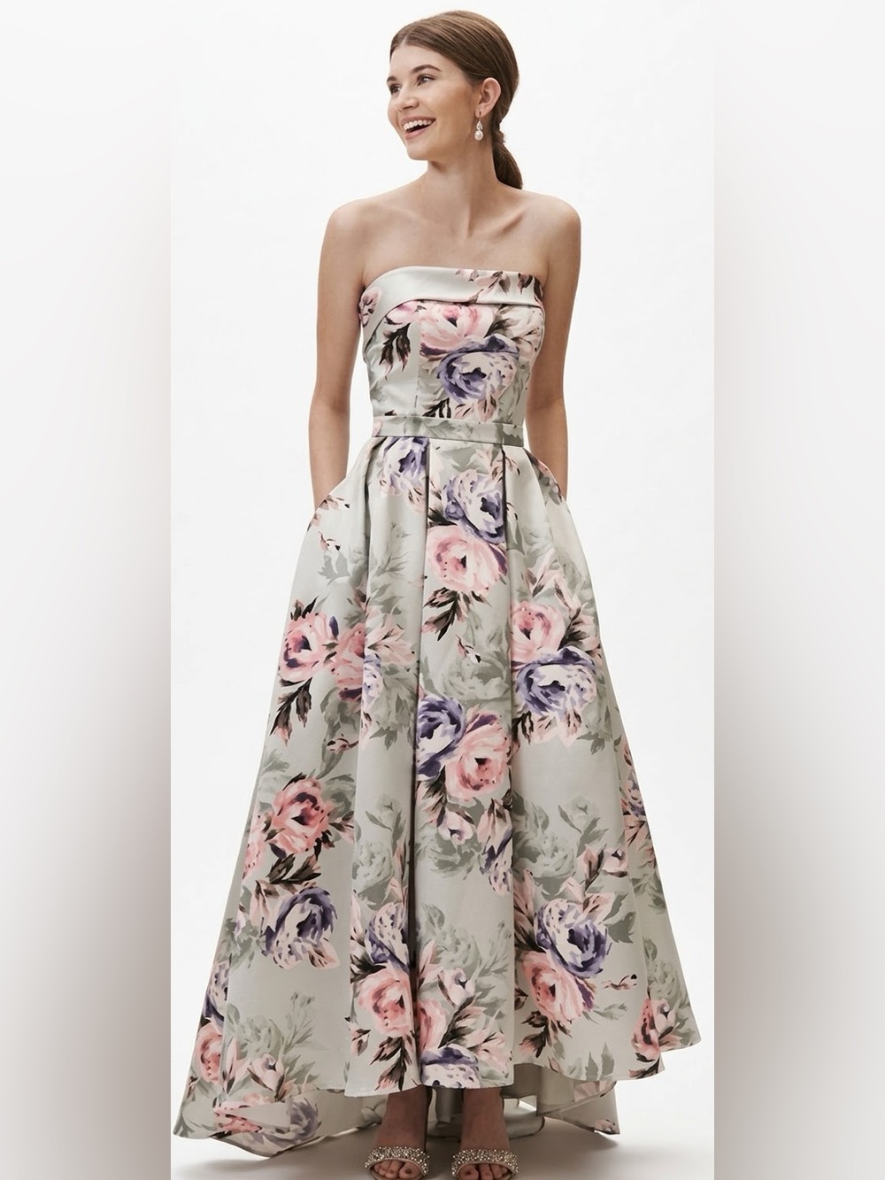 BHLDN Pastel Green High / Low Floral Dress with Pockets by Anthropologie